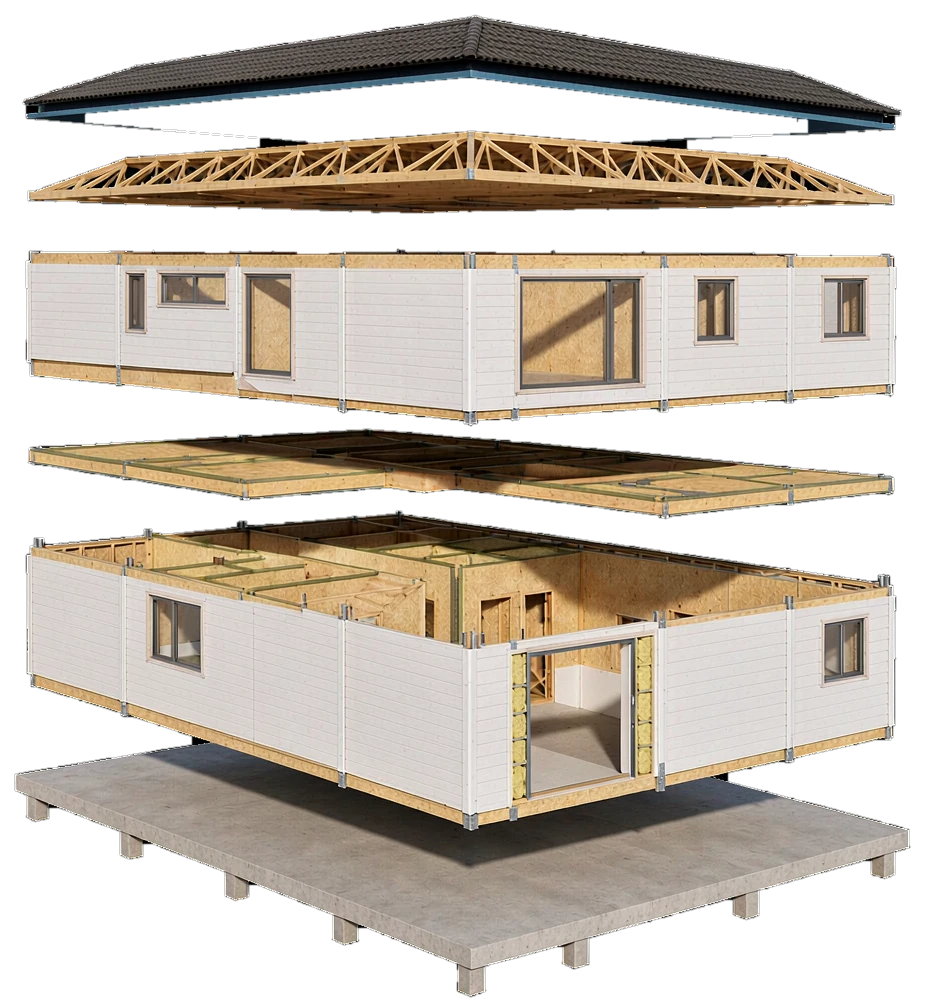 The FrameLab kit exploded into six layers in assembly order: roof sheeting, timber roof trusses, first-floor wall panels, floor cassette, ground-floor wall panels and the concrete slab on piers